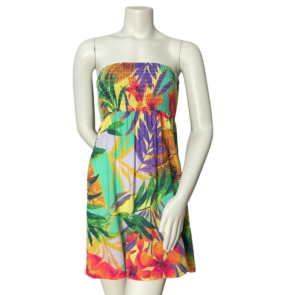 Hula Moon by Jams World Strapless Mini Dress Hawaiian Floral Smocked Medium
